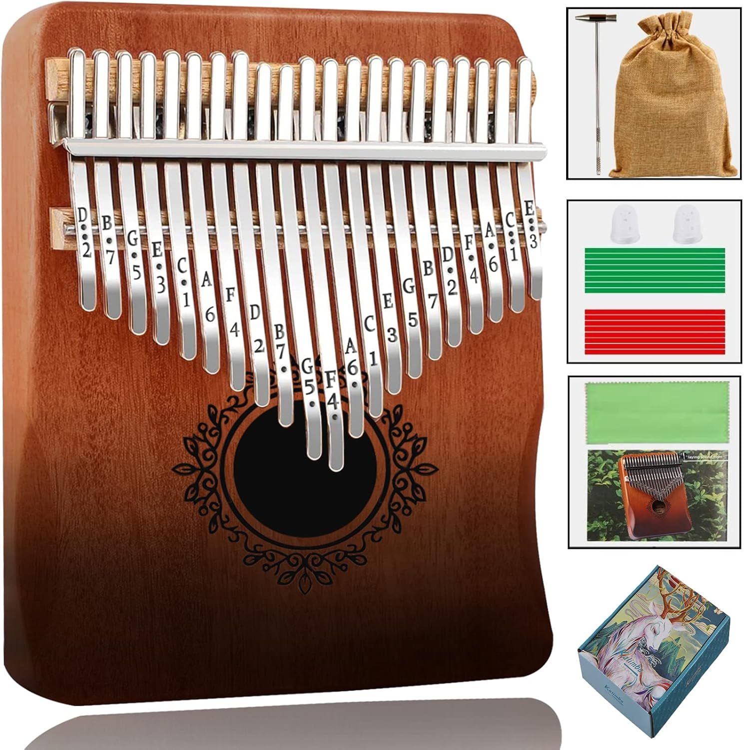 Shows the core product clearly with its distinctive wooden body, metal tines, and decorative tree design to help shoppers understand what they are purchasing. Displays all included accessories and…
