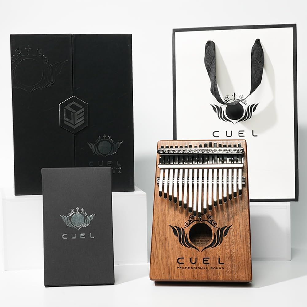 Displays the core sellable product, a wooden kalimba thumb piano with clear branding and craftsmanship details to show shoppers exactly what they will receive. Shows the premium retail packaging…