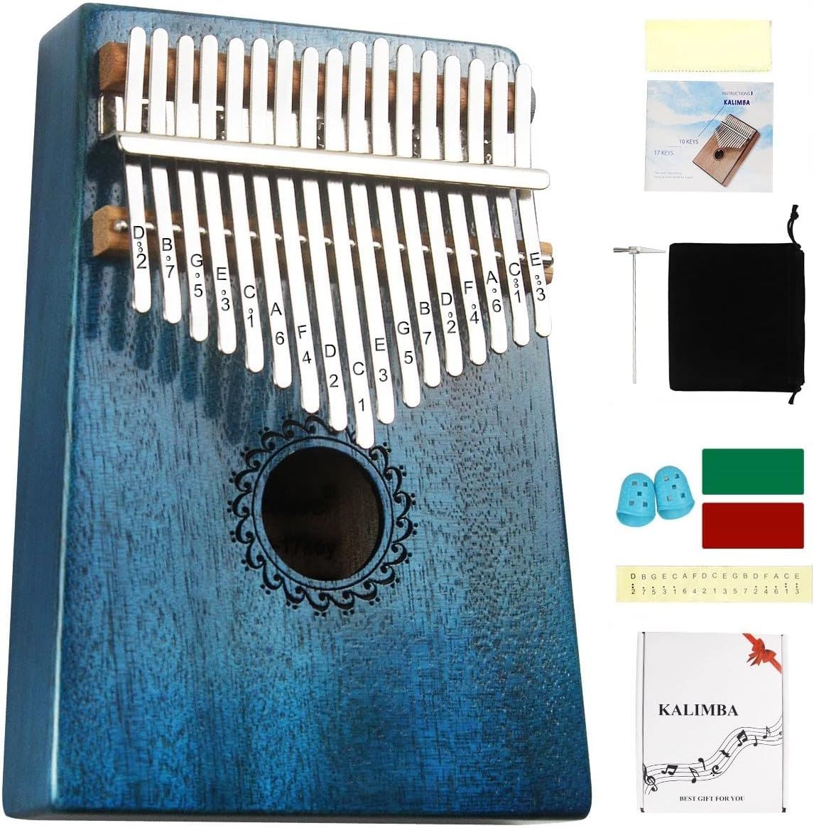 Shows the core product, a blue kalimba thumb piano with labeled keys, to help shoppers understand what they are purchasing and how the instrument is organized. Displays all included accessories such…