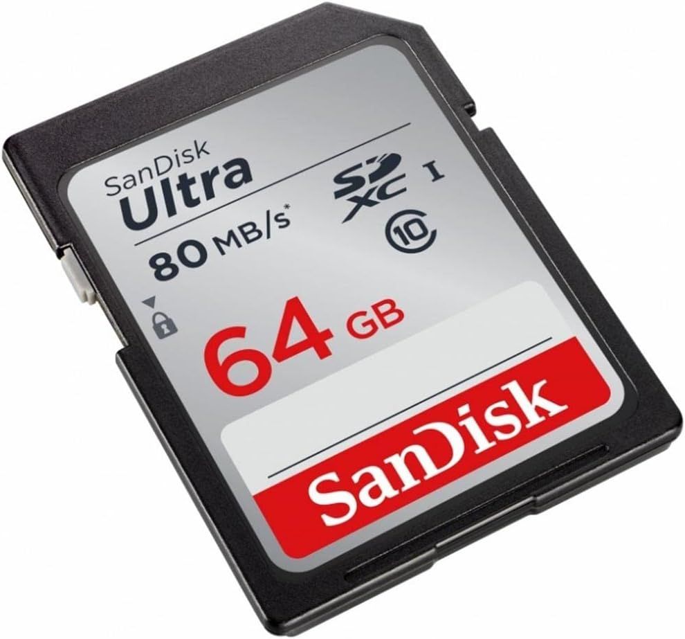 Displays the core product clearly on a white background to show the SanDisk Ultra SD card with its key specifications, allowing shoppers to identify the brand, capacity, and speed rating.