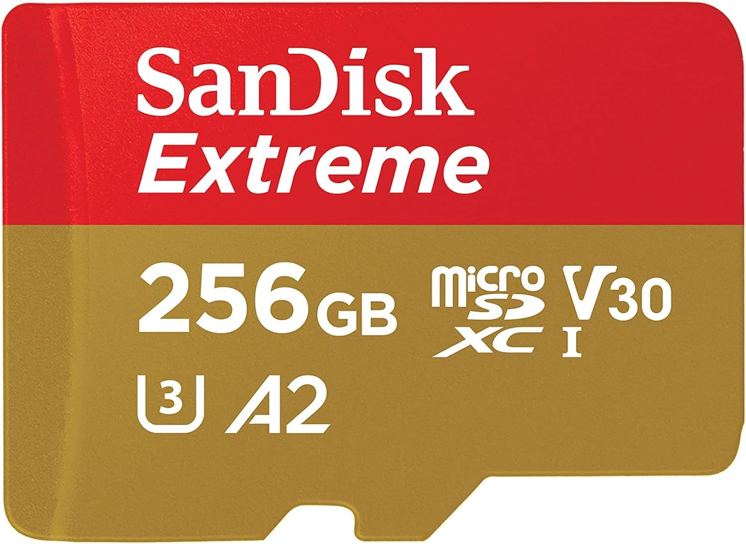 Displays the SanDisk Extreme microSD card with clear branding and technical specifications to communicate storage capacity and performance class to shoppers looking for reliable memory cards.