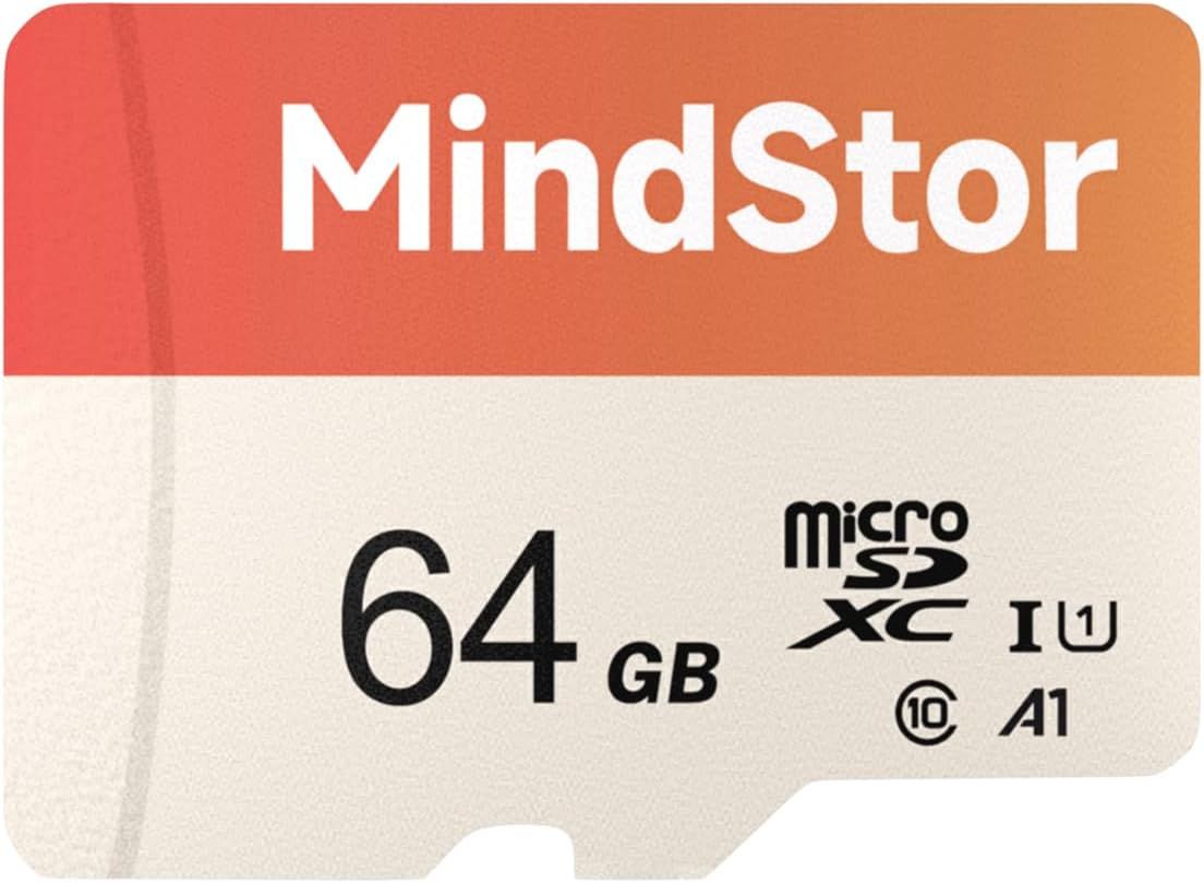 Shows the core product, a MindStor 64GB microSD memory card, with clear branding and technical specifications to help shoppers identify the storage capacity and compatibility.
