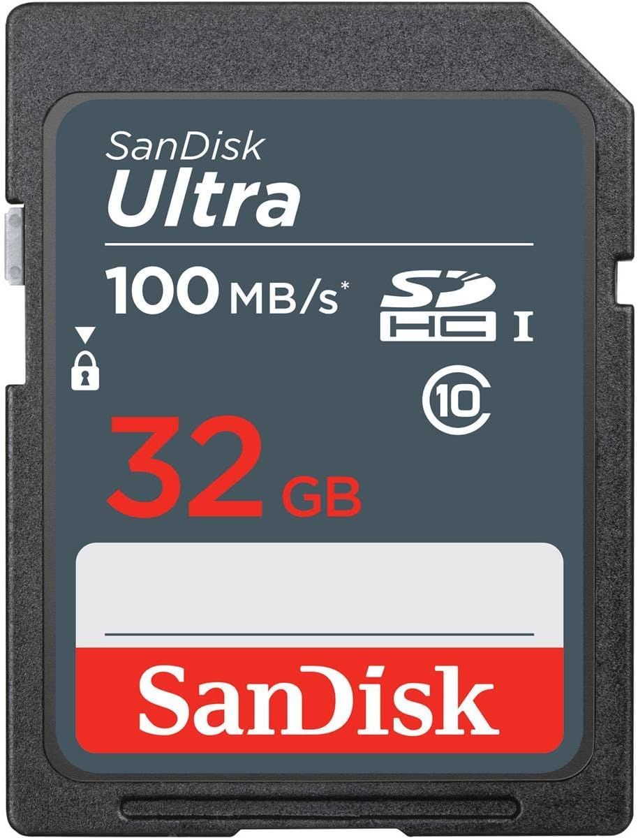 Displays the SanDisk Ultra SD card with clear branding and key specifications (32GB capacity, 100MB/s speed, Class 10) to communicate the product's storage capacity and fast transfer speed for…