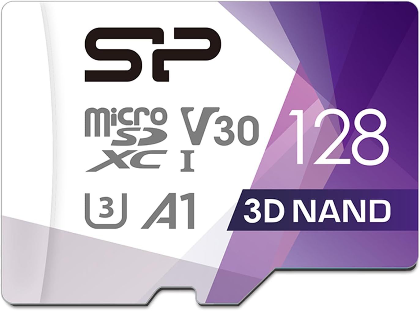 Displays the core product, a 128GB microSD memory card with technical specifications, to communicate storage capacity and performance capabilities to shoppers looking for reliable memory expansion.…