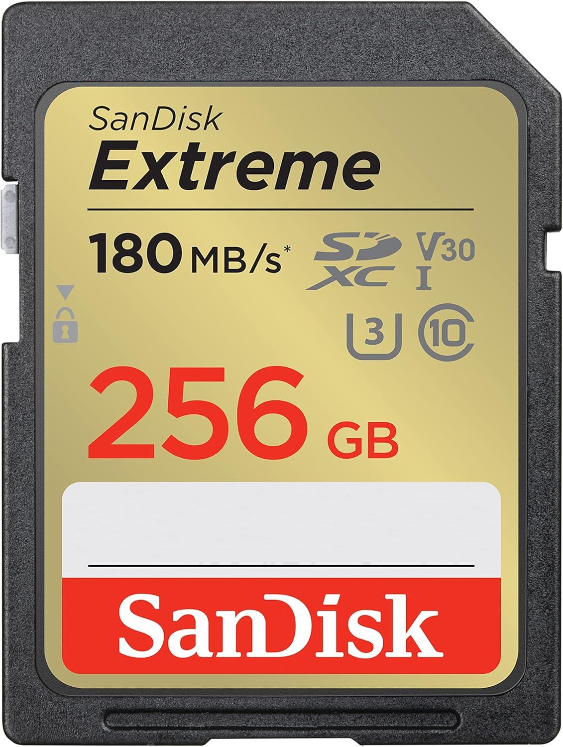 Displays the core product, a SanDisk Extreme 256GB SD card, with clear branding and key specifications (180MB/s speed, V30, U3, Class 10) to communicate storage capacity and performance to shoppers.
