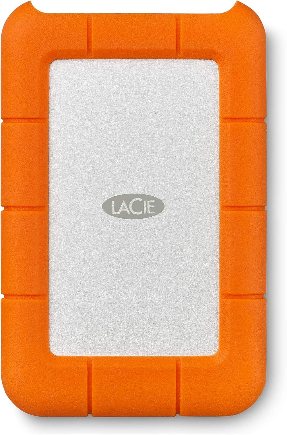 Shows the core product with its protective orange rubber bumper casing to communicate durability and drop protection for the portable hard drive.