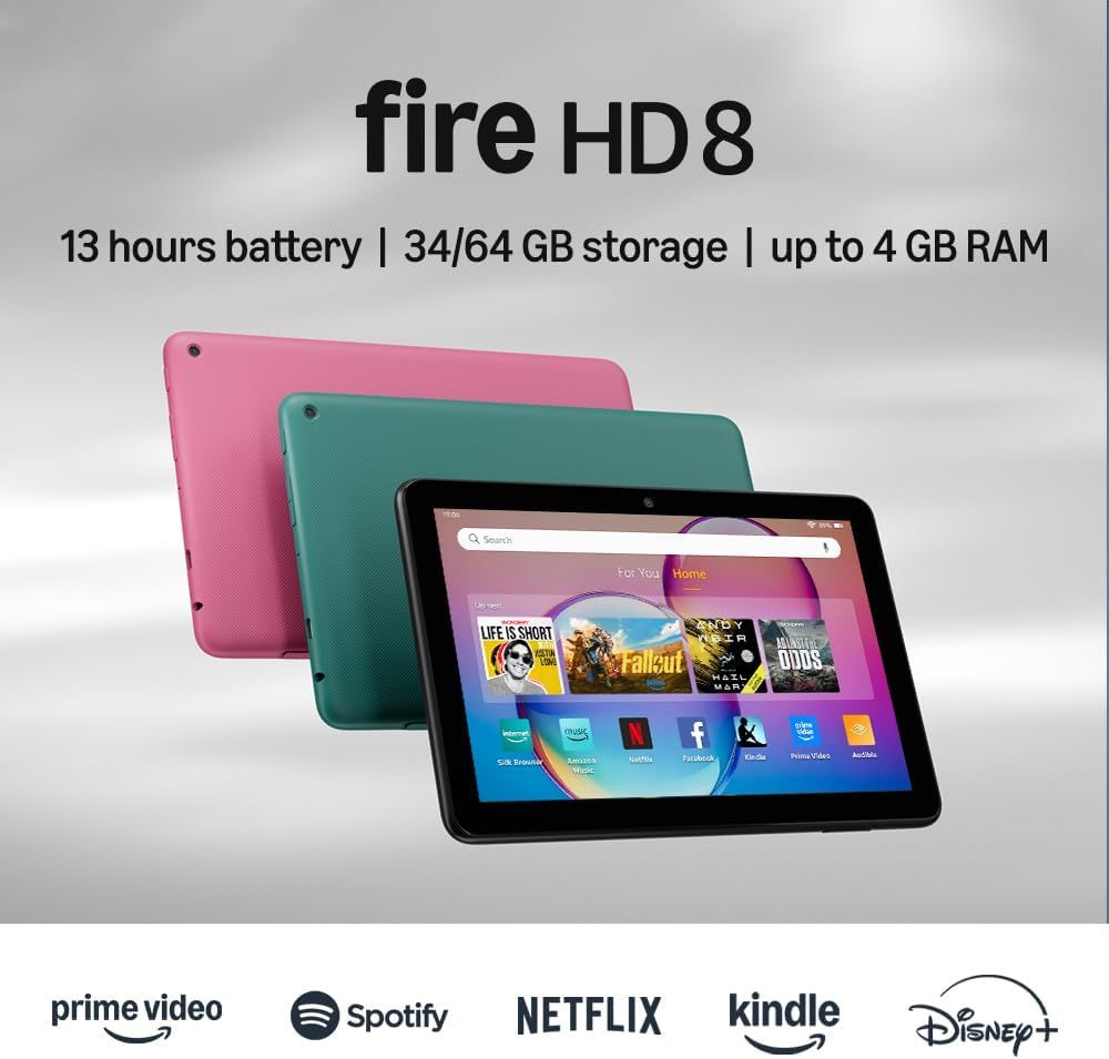 Shows the Fire HD 8 tablet is available in multiple color choices (pink, teal, black) to help shoppers select their preferred variant. Displays the Fire HD 8 tablet with key specs (13-hour battery,…