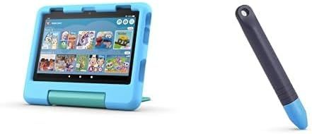 Shows the core sellable product - a children's tablet in a protective blue case with an included stylus pen, displaying the device and its key accessories clearly on a white background. Demonstrates…