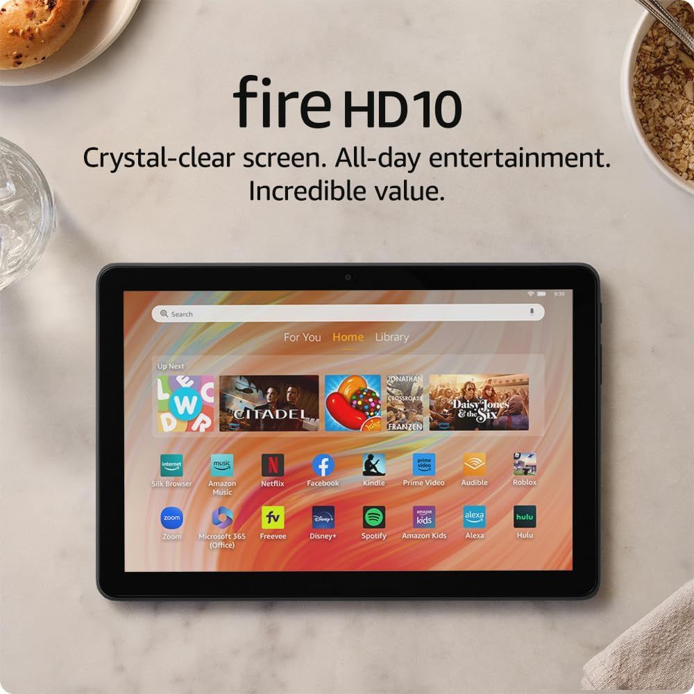 Showcases the Fire HD10 tablet as the core product with its screen displaying the home interface, emphasizing its entertainment capabilities, screen quality, and value proposition to potential…