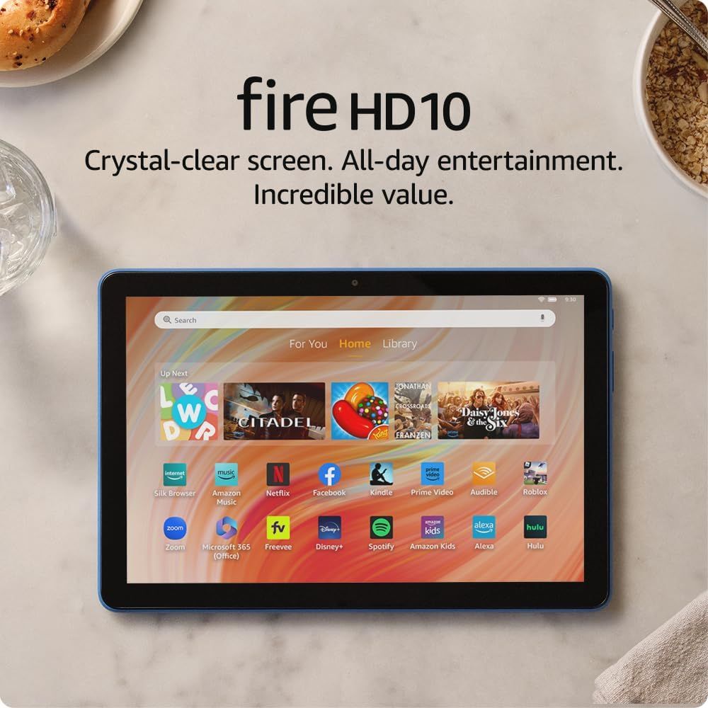Showcases the Fire HD10 tablet with its screen displaying the home interface to communicate the device's entertainment capabilities, screen quality, and value proposition to potential buyers. Places…