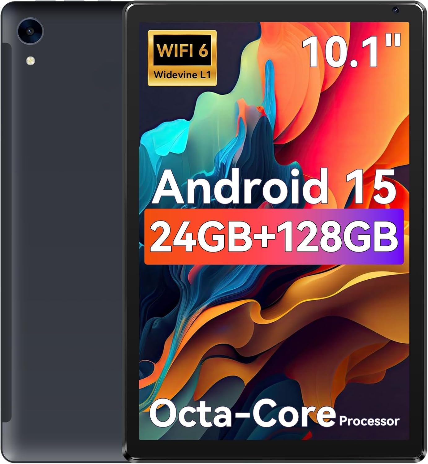 Shows the tablet from both front and back angles to give shoppers a complete view of the device design and display, while highlighting key technical specifications including screen size,…