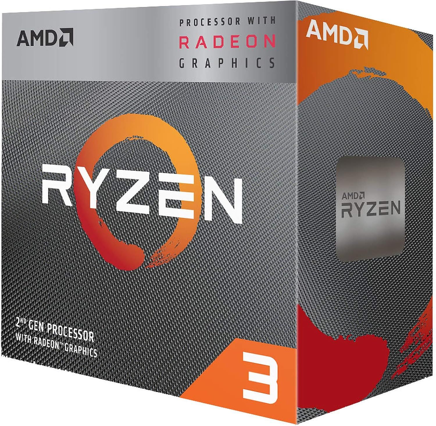 Displays the retail packaging of the AMD Ryzen 3 processor to show shoppers exactly what they will receive, emphasizing the integrated Radeon graphics capability. Shows the physical retail box…