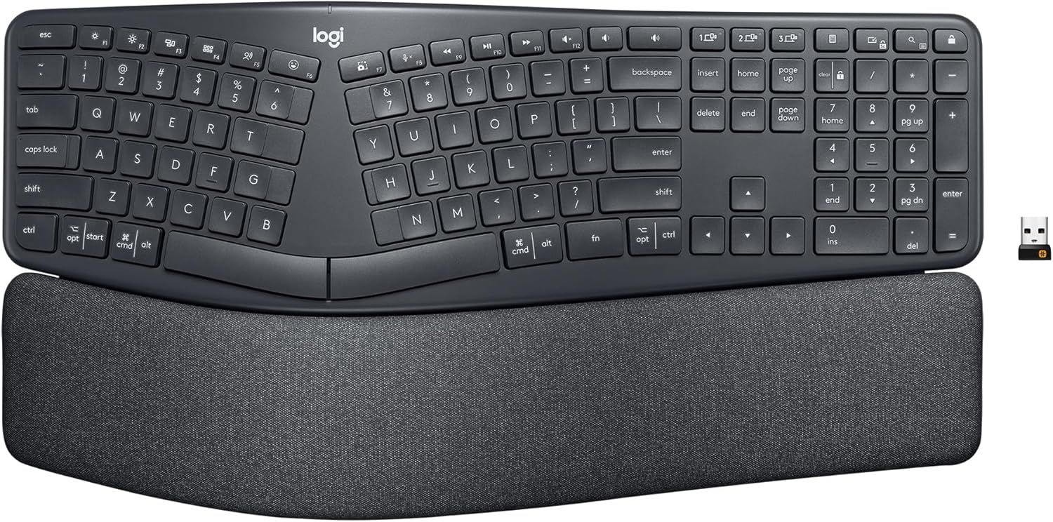 Displays the core product, a Logitech ergonomic keyboard with split layout and integrated wrist rest, to show shoppers exactly what they will receive.