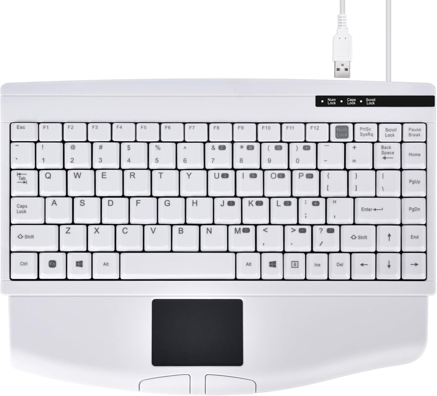 Shows the complete keyboard product with all keys, layout, and integrated touchpad clearly visible to help shoppers understand what they are purchasing.