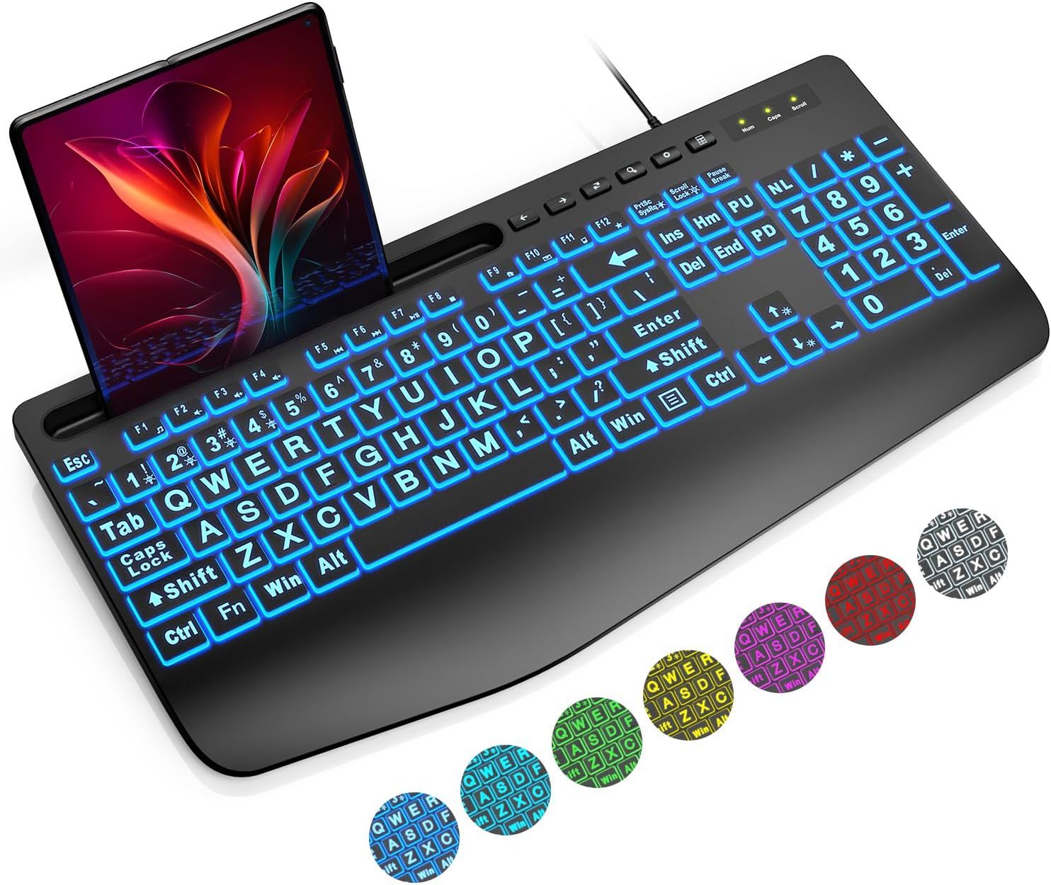 Shows the core product—a large-print backlit keyboard with laptop stand—clearly displaying its full layout, illuminated keys, and integrated device holder to communicate accessibility and…