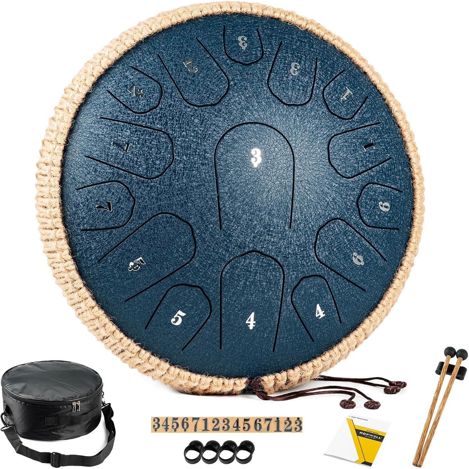 Shows the core product, a steel tongue drum with numbered tongues for easy playing, along with all included accessories like mallets, carrying case, finger picks, and instructional materials to…