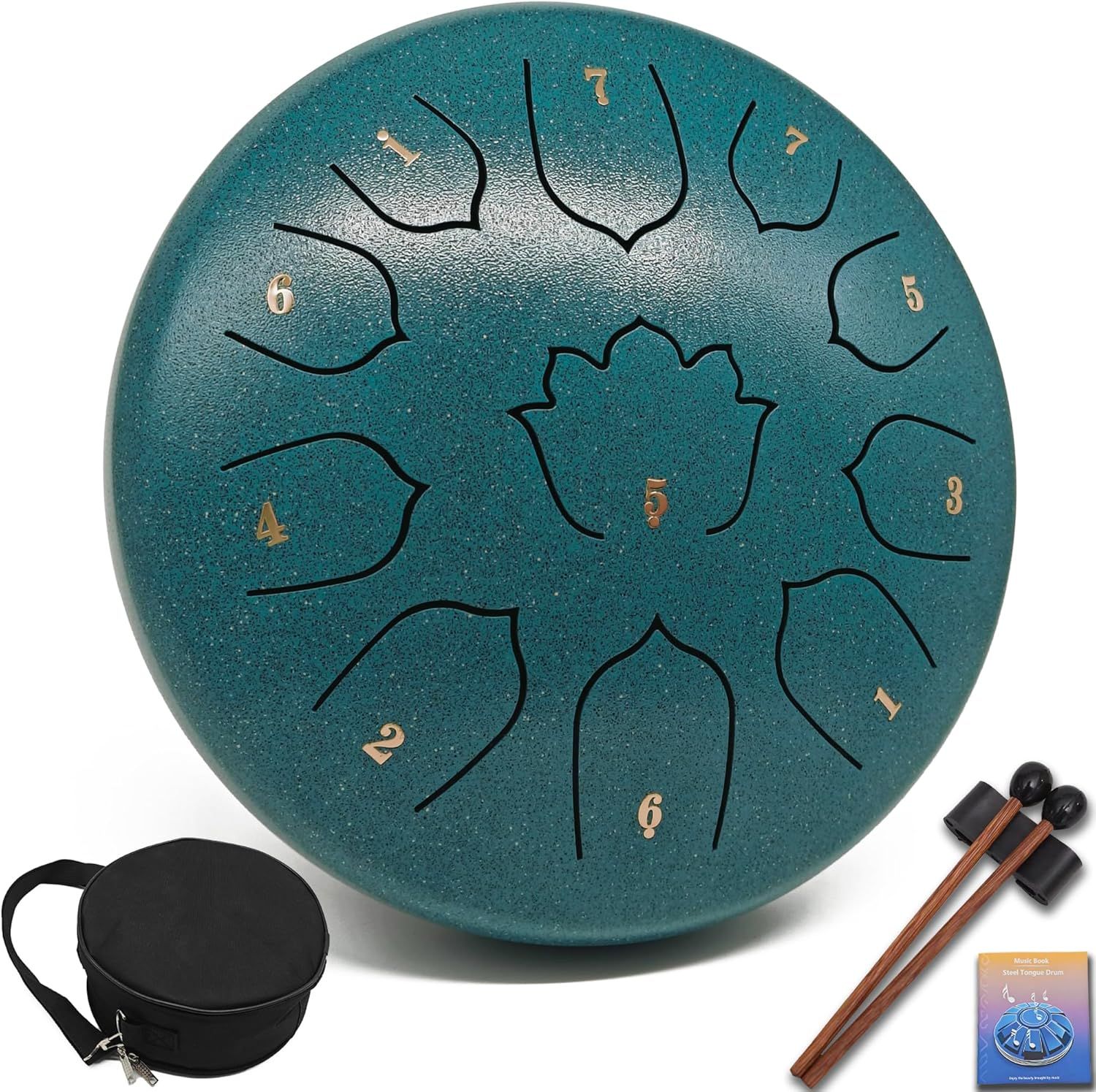 Displays the core product, a steel tongue drum with numbered tongues arranged in a lotus pattern, to show shoppers exactly what they will receive. Shows all included accessories that come with the…