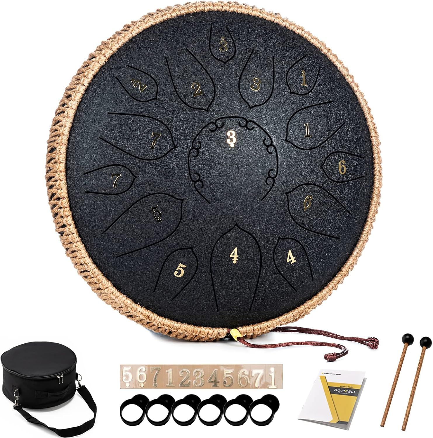 Shows the core product, a steel tongue drum with numbered tongues arranged in a circular pattern, clearly displaying the instrument's design and playable surface to help shoppers understand what…