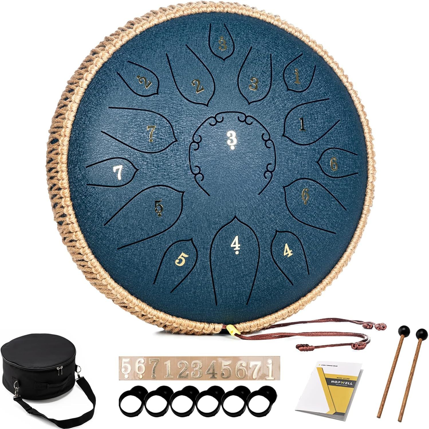 Shows the core product, a steel tongue drum with numbered tongues for musical notes, along with all included accessories to communicate the complete package the buyer will receive. Displays all…