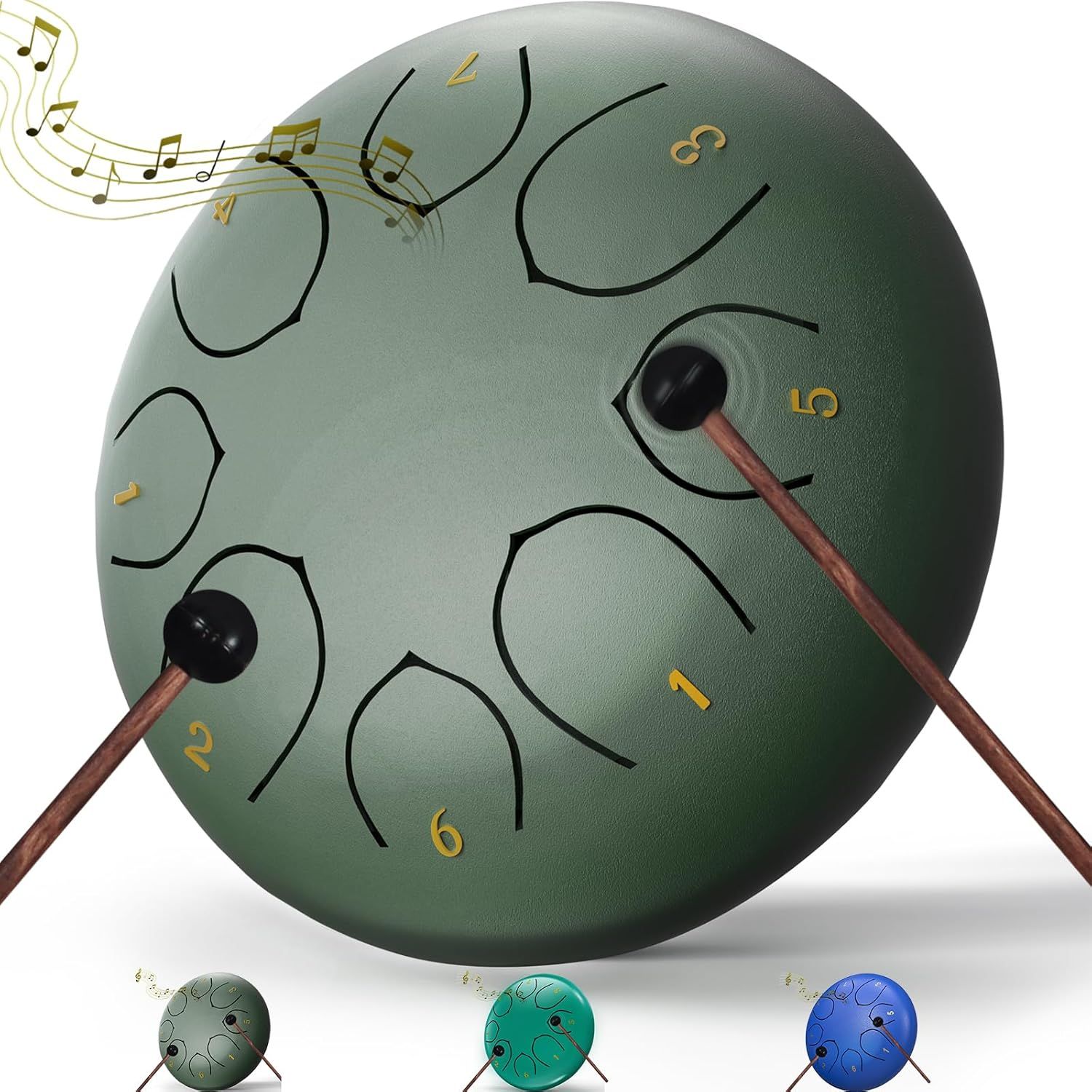 Shows the core product, a steel tongue drum with numbered notes and included mallets, to communicate what the buyer will receive. Displays three color variants (sage green, teal, and blue) available…