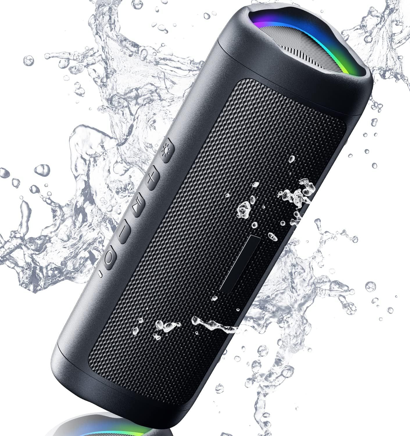 Showcases the portable Bluetooth speaker with waterproof capability and colorful LED lighting to communicate durability and visual appeal for outdoor or poolside use. Uses dramatic water splash…