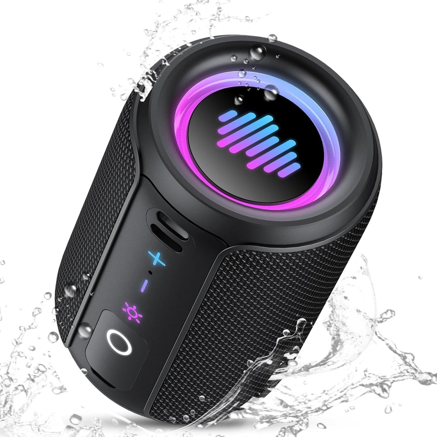 Showcases the core product—a portable Bluetooth speaker with LED lighting and waterproof capability—to communicate its modern design and key features to shoppers. Uses water splash visual effects…
