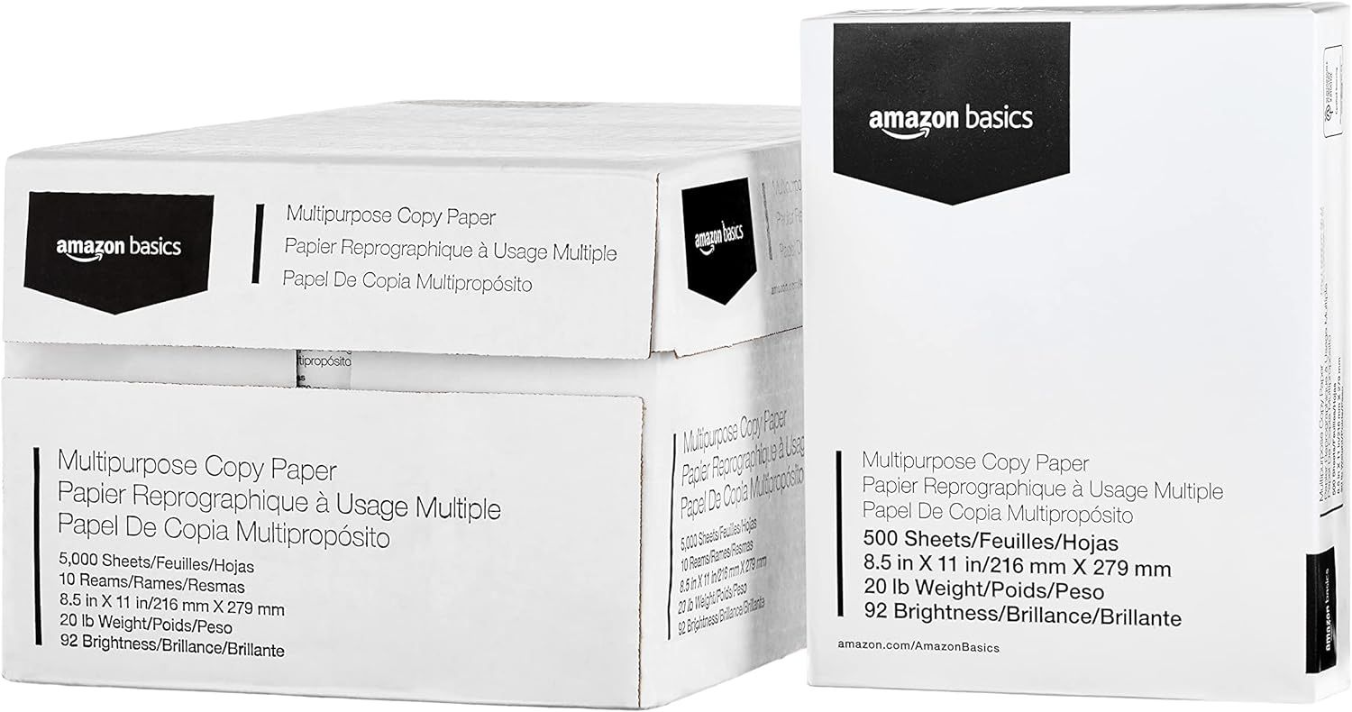 Shows the core product—Amazon Basics multipurpose copy paper in bulk packaging—clearly displaying the brand, product type, and key specifications to help shoppers identify what they are purchasing.…