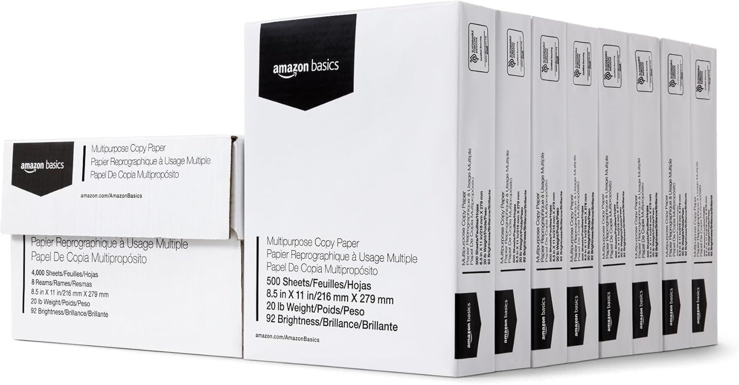 Shows the product packaging for Amazon Basics multipurpose copy paper in a bulk multi-pack format, communicating the quantity and value proposition to shoppers looking for office supplies. Displays…