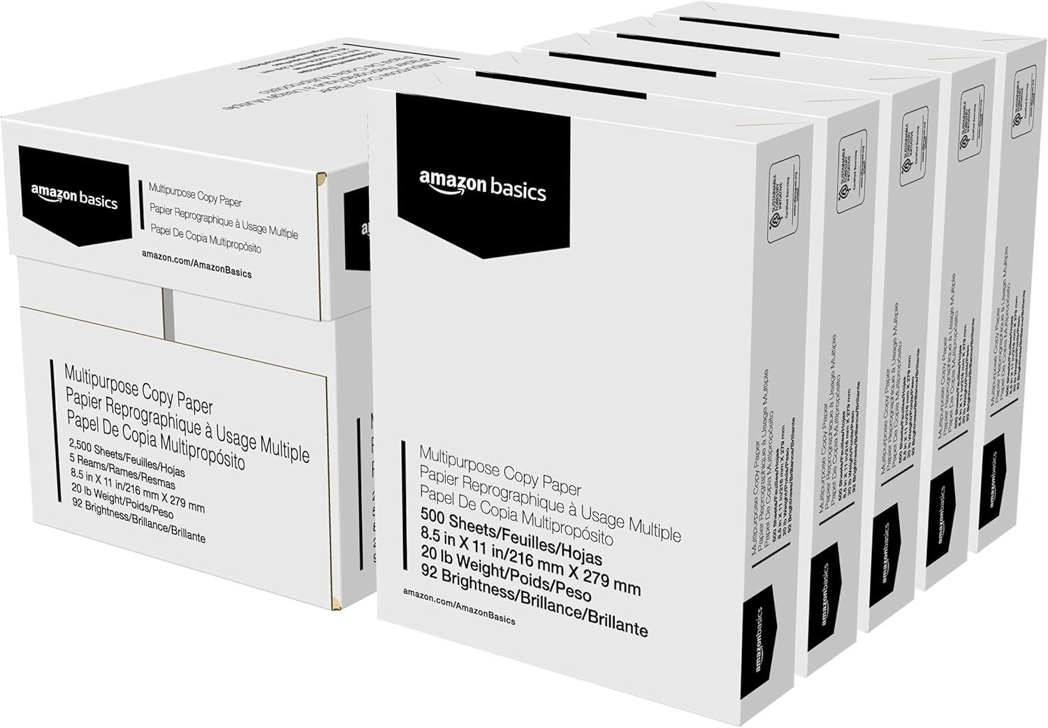 Shows the core product—multiple reams of Amazon Basics multipurpose copy paper—clearly displayed in their retail packaging to communicate quantity and brand. Displays the physical retail packaging…