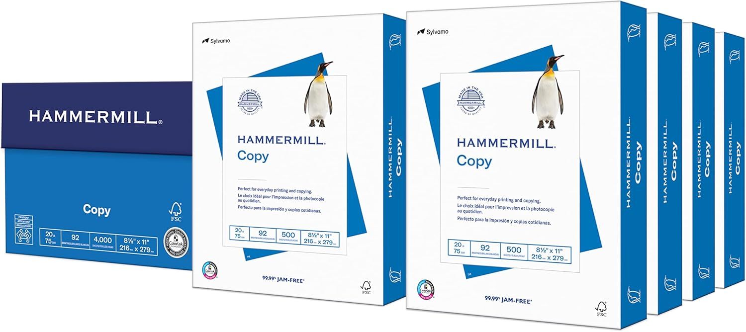 Shows the core product—Hammermill Copy paper—in its retail packaging, clearly displaying the brand, product name, and key specifications to help shoppers identify and purchase the item. Displays the…