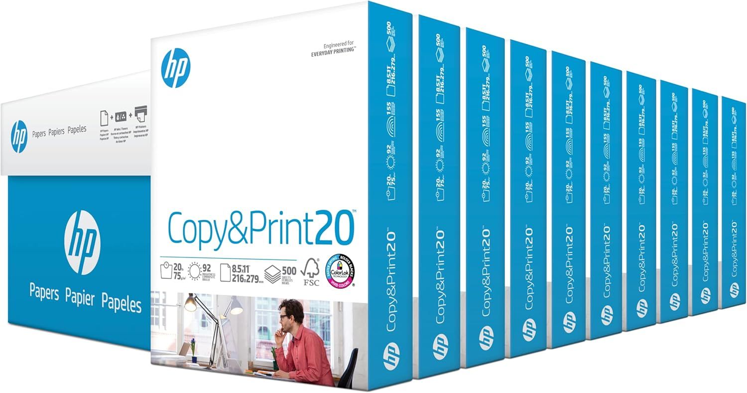 Shows the core product, a case containing 10 reams of HP Copy & Print 20 paper, clearly displaying the quantity and brand to help shoppers understand what they are purchasing. Displays the retail…