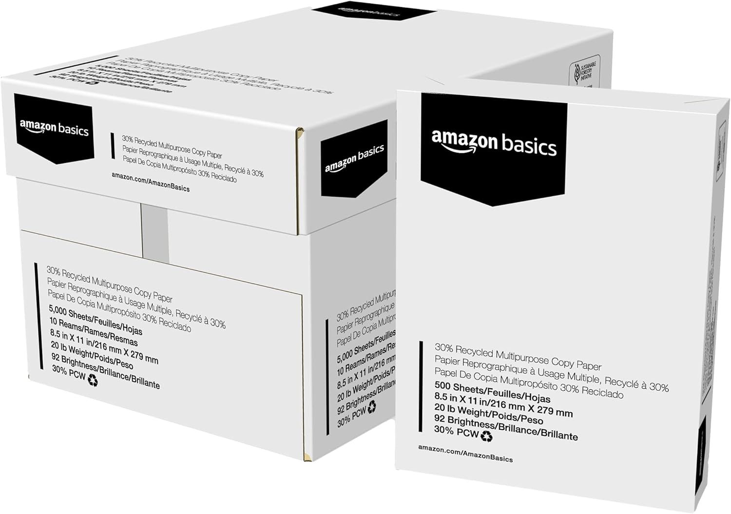 Shows the core sellable product, Amazon Basics multipurpose copy paper in retail packaging, clearly displaying the product specifications and branding to help shoppers identify what they are…