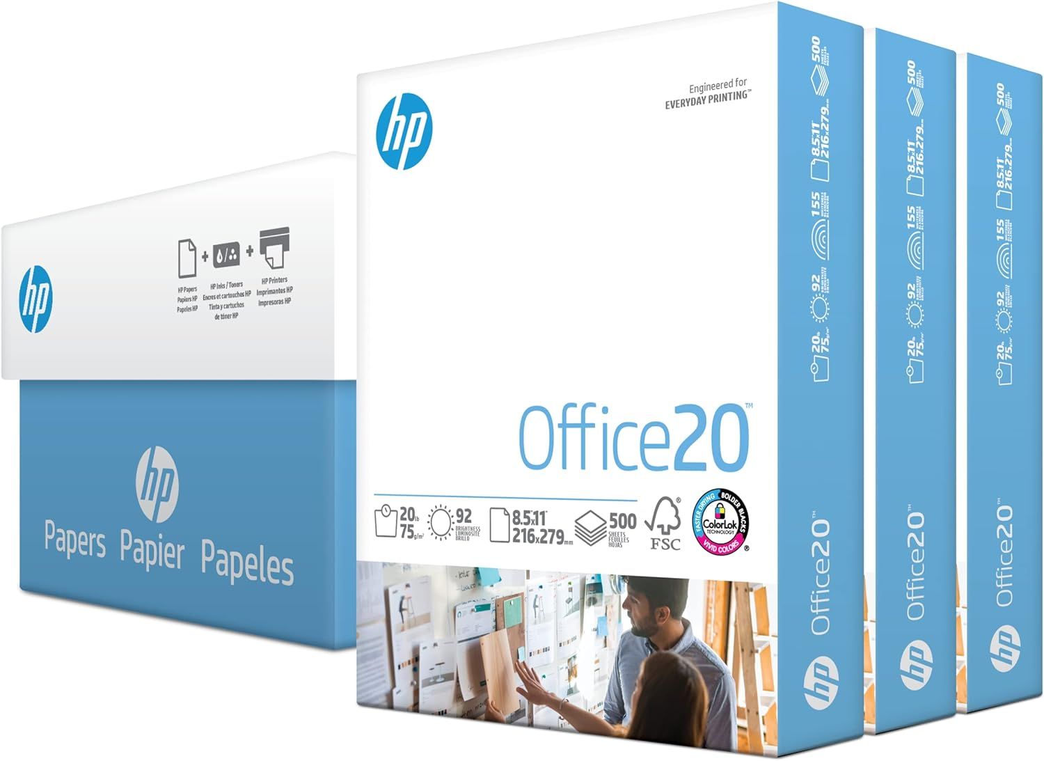 Shows the retail packaging and branding of HP Office20 paper products to communicate the product line, specifications, and professional quality to shoppers. Includes a lifestyle photo of people in…