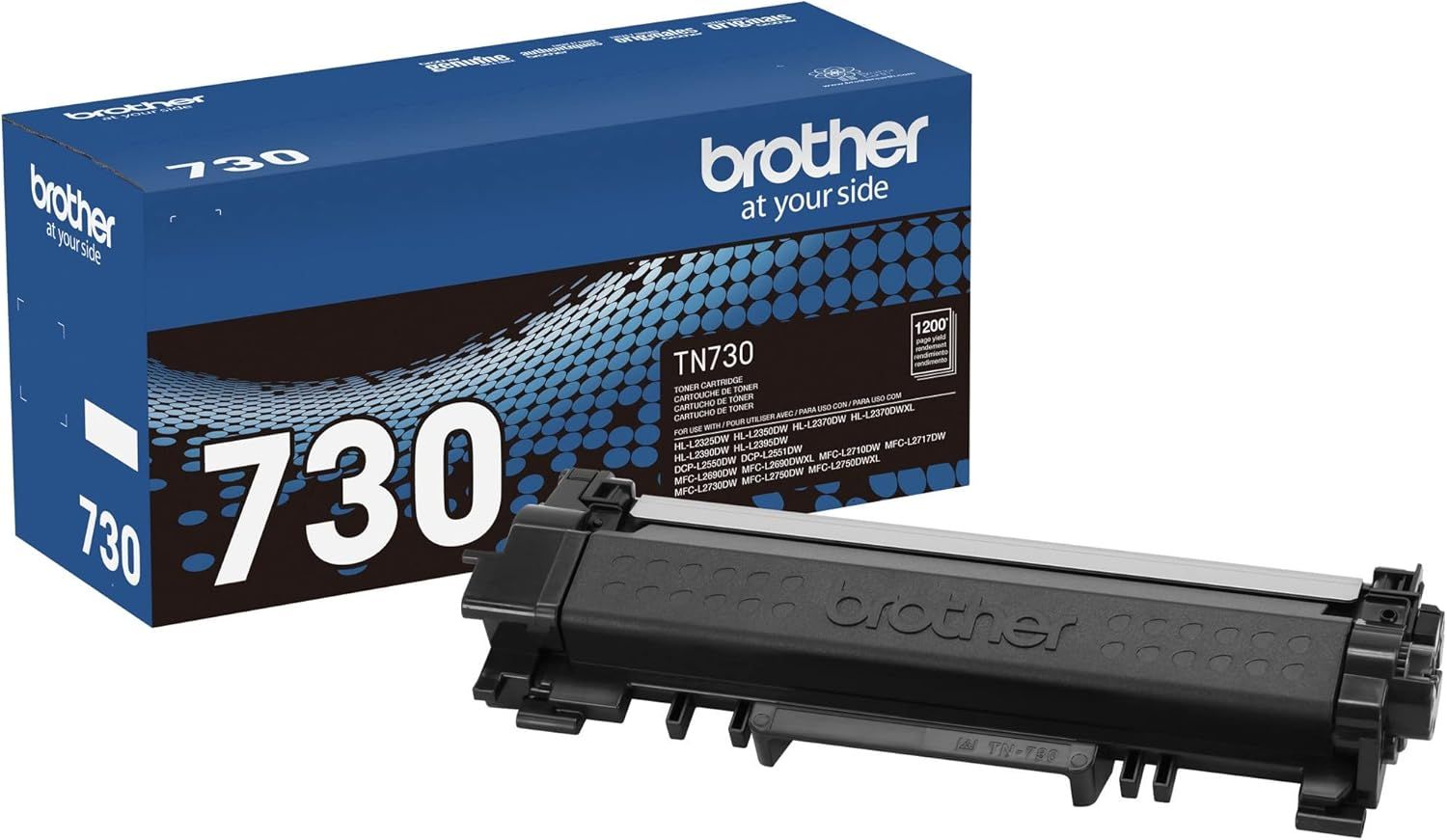 Shows the Brother TN730 toner cartridge alongside its retail box to communicate what the buyer will receive and help them identify the correct product model. Displays the official Brother packaging…