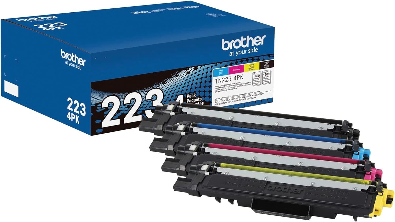 Shows the complete Brother TN223 4-pack toner cartridge set with all four color cartridges (cyan, magenta, yellow, black) displayed alongside the retail packaging to communicate what the buyer…