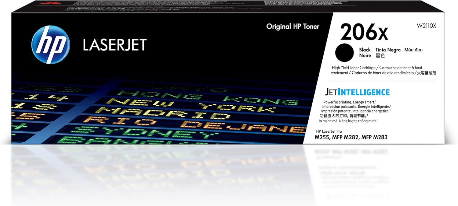 Shows the official HP toner cartridge in its retail packaging to communicate authenticity, compatibility, and product specifications to reassure buyers they are purchasing genuine HP supplies. Uses…