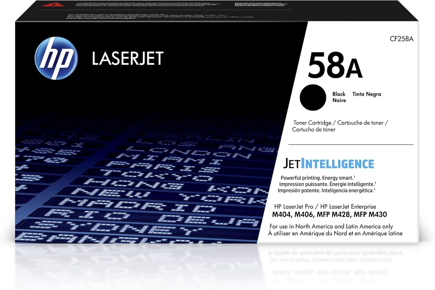 Displays the core sellable product, an HP 58A black toner cartridge in its retail packaging, clearly showing the brand, model number, and compatibility information to help shoppers identify the…