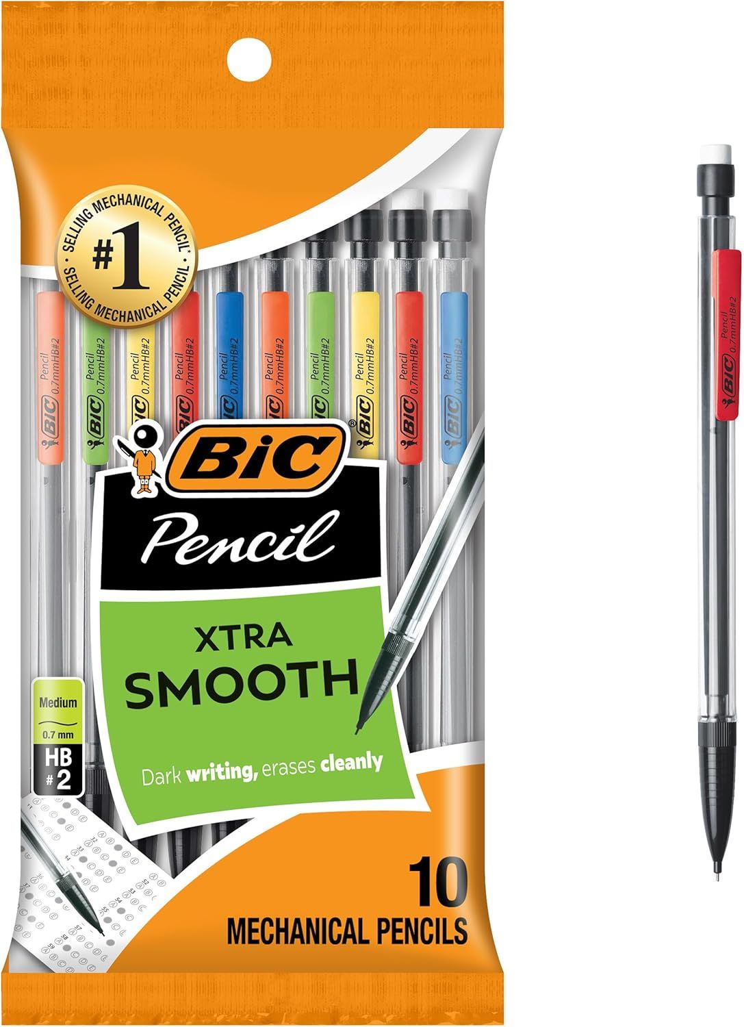 Displays the core product—a 10-pack of BIC mechanical pencils—clearly visible through the retail packaging, allowing shoppers to see the variety of colors and the product they will receive. Shows…