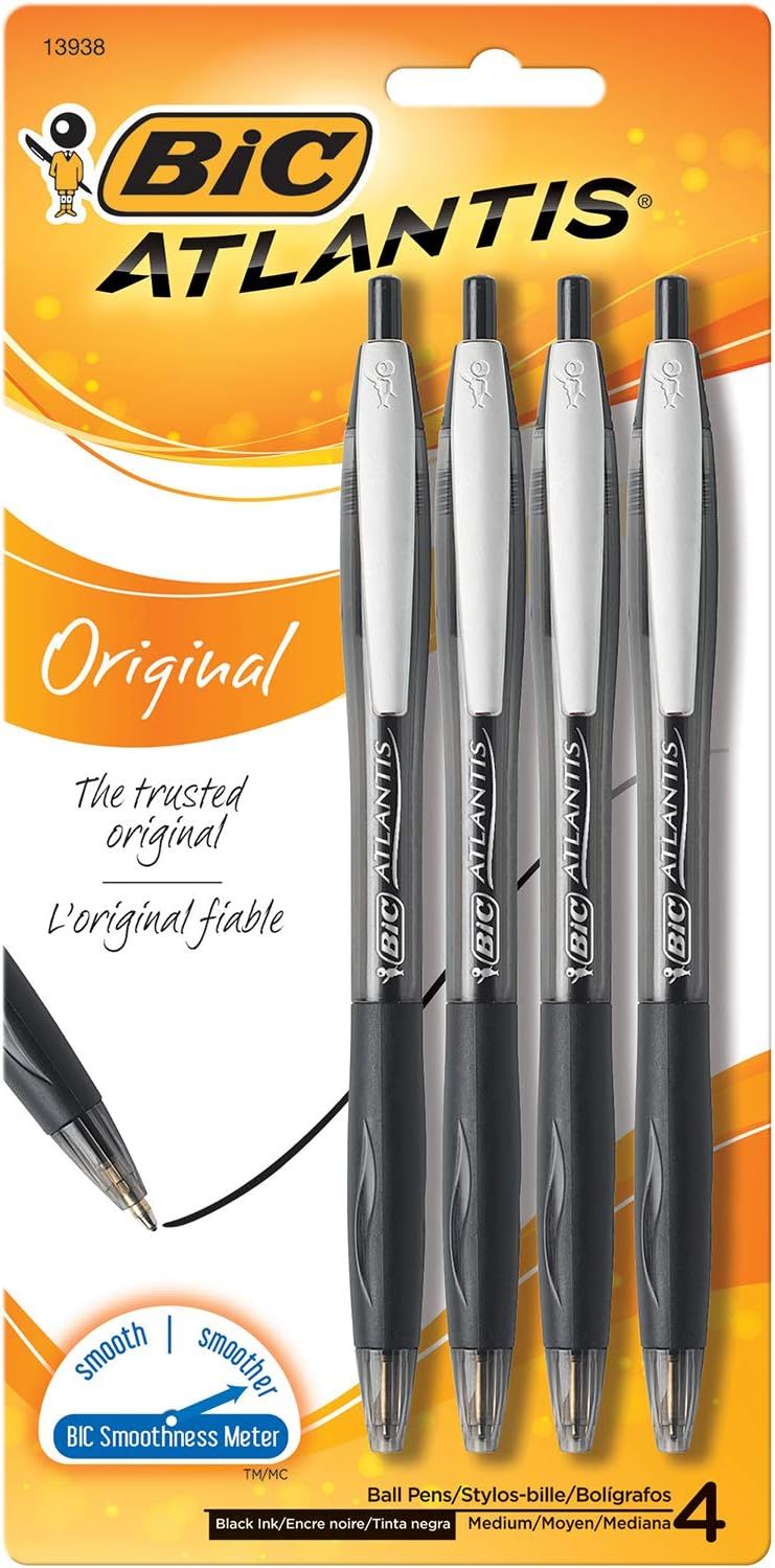Shows the core product—a 4-pack of BIC Atlantis Original ballpoint pens—clearly displayed in retail packaging so shoppers can see exactly what they are purchasing. Displays the physical retail…