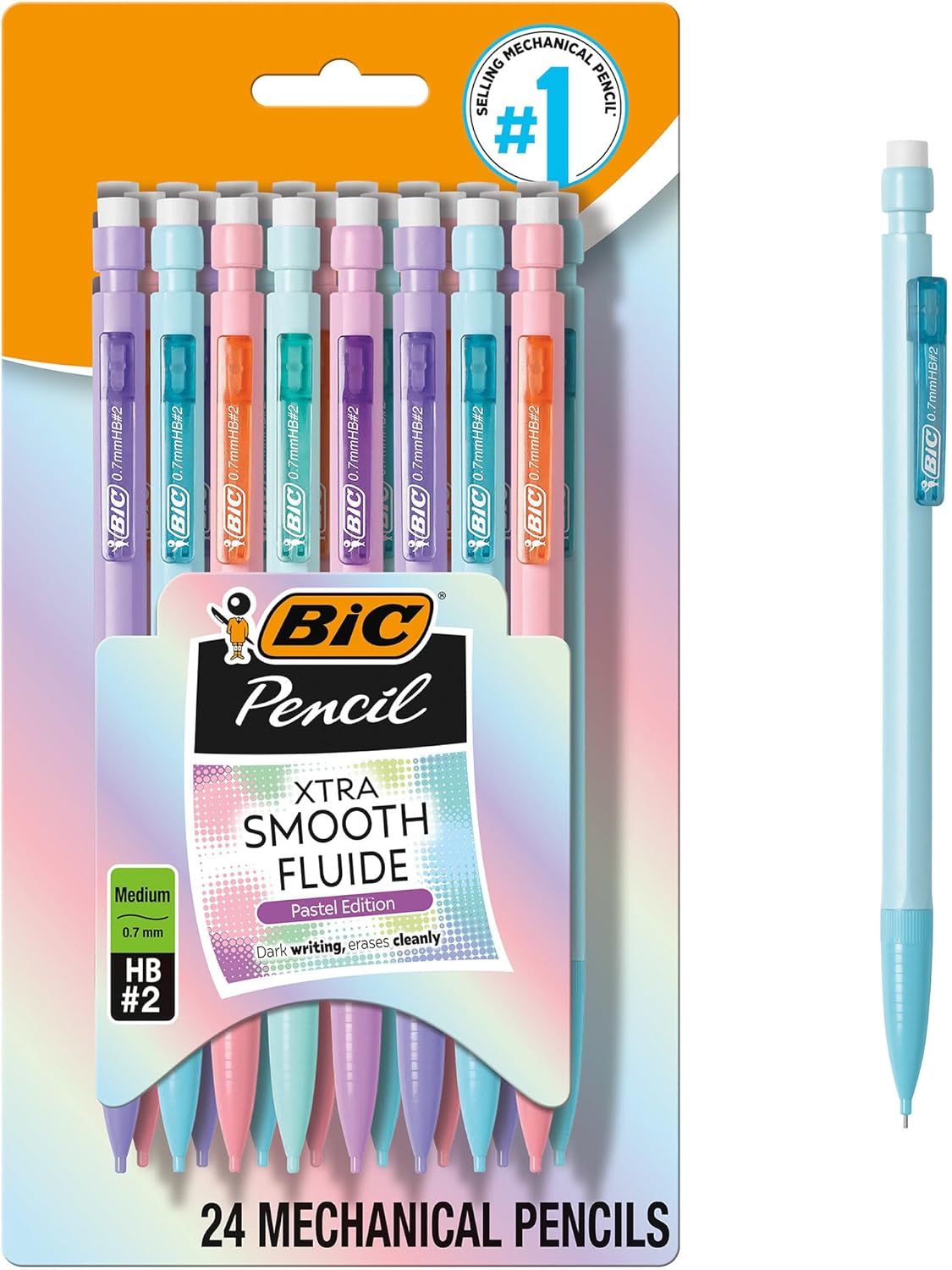 Shows the complete 24-pack of BIC mechanical pencils in pastel colors, clearly displaying the product packaging and individual pencils to communicate what the buyer will receive. Displays the retail…