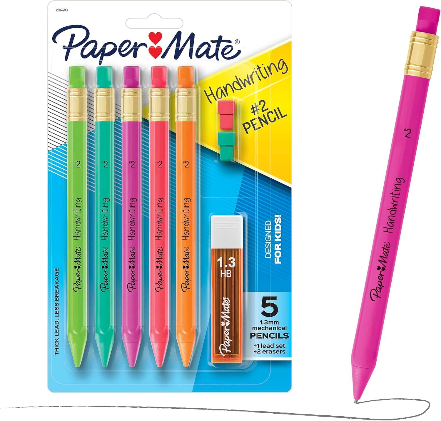 Shows the complete product set of 5 colorful mechanical pencils with lead refills and erasers, clearly displaying what the shopper will receive in the package. Displays the retail packaging with…