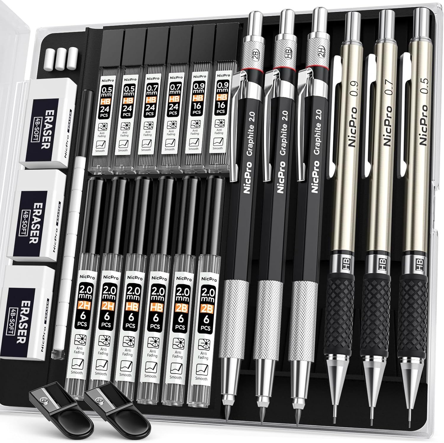 Displays a comprehensive drafting and writing set with mechanical pencils, lead refills, and erasers to show shoppers the complete kit they will receive and the variety of tools included. Shows all…