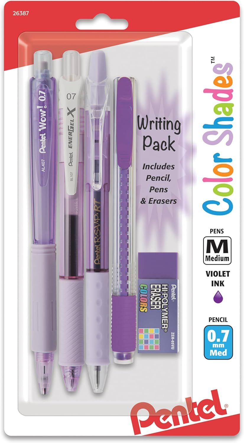 Shows the complete writing pack contents including pencil, pens, and erasers in violet color theme to communicate the variety and value of items included in the purchase. Displays the actual retail…