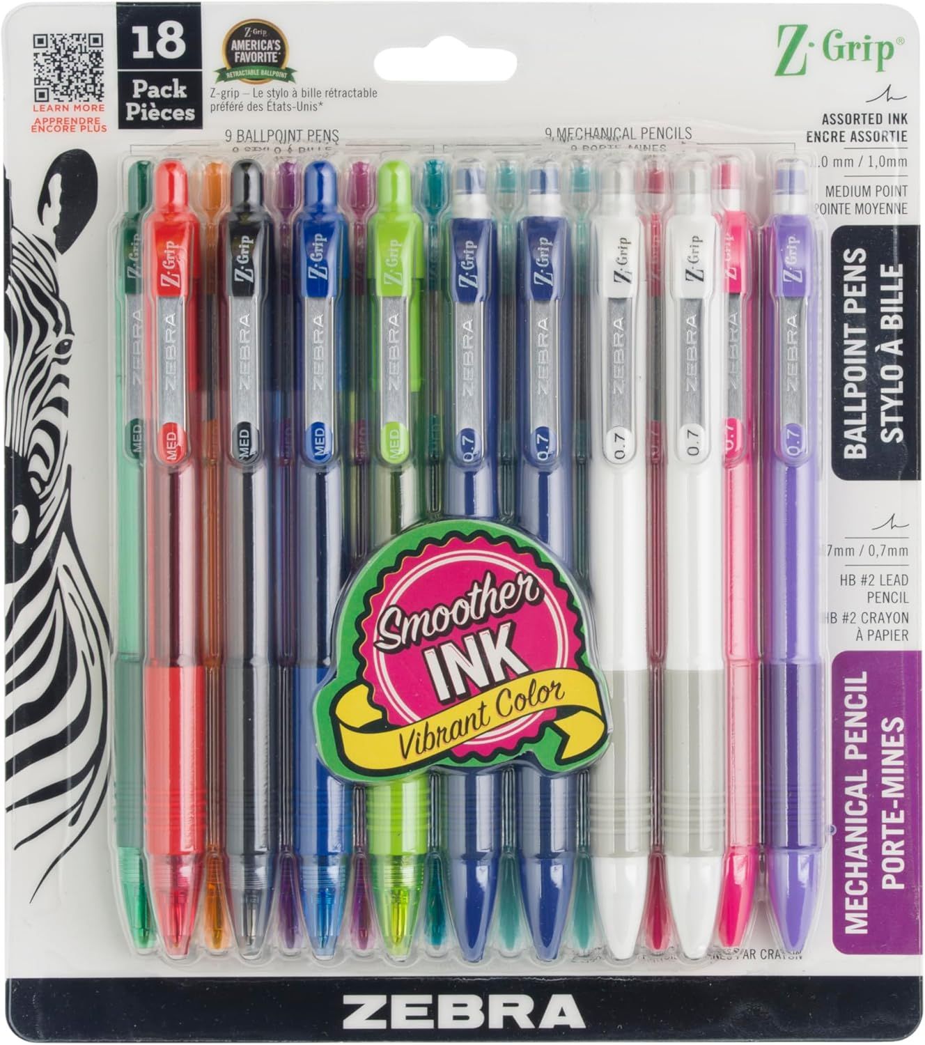 Displays the complete 18-piece set of Z-Grip writing instruments in their retail packaging, showing the variety of colors and types (9 ballpoint pens and 9 mechanical pencils) available in the pack.…