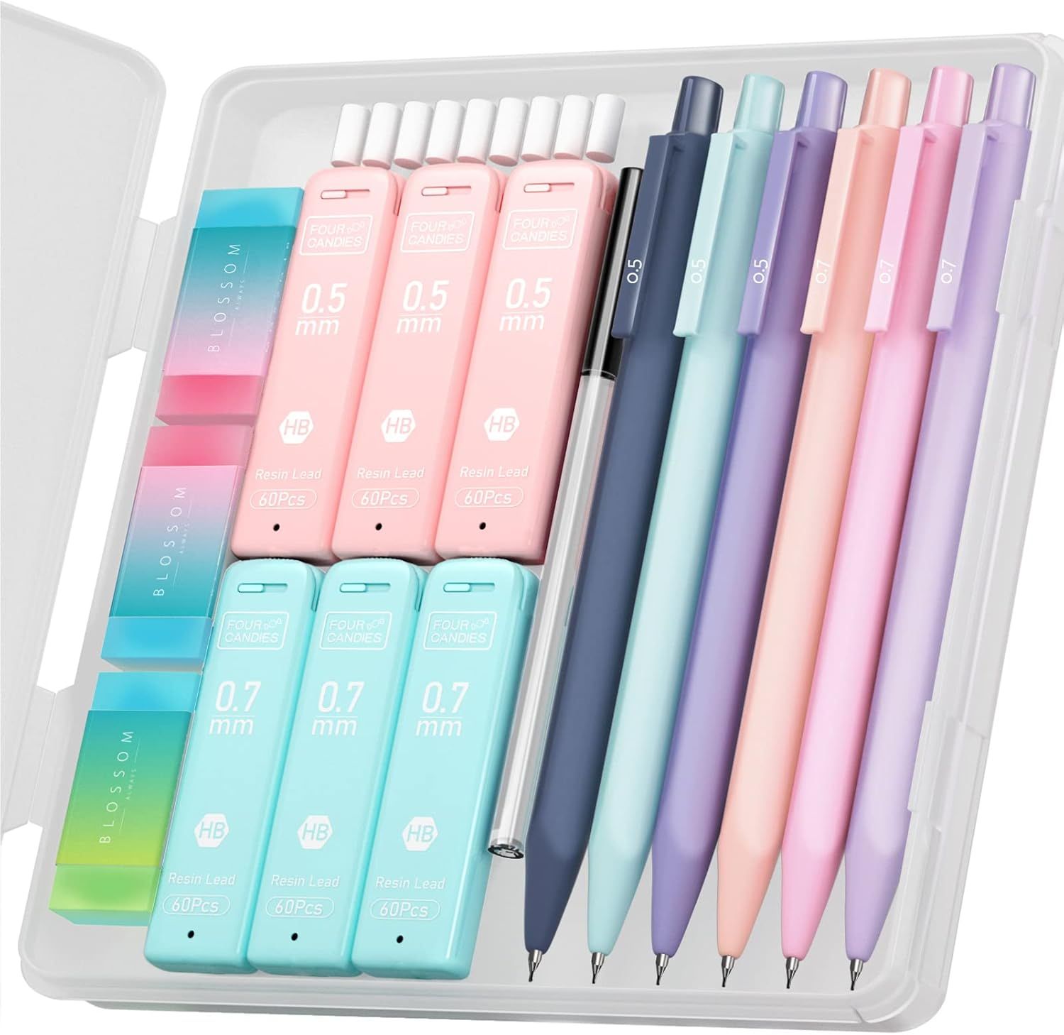 Shows the complete mechanical pencil set with matching lead refills in an organized storage case, communicating the variety of colors and comprehensive nature of the kit to appeal to students and…