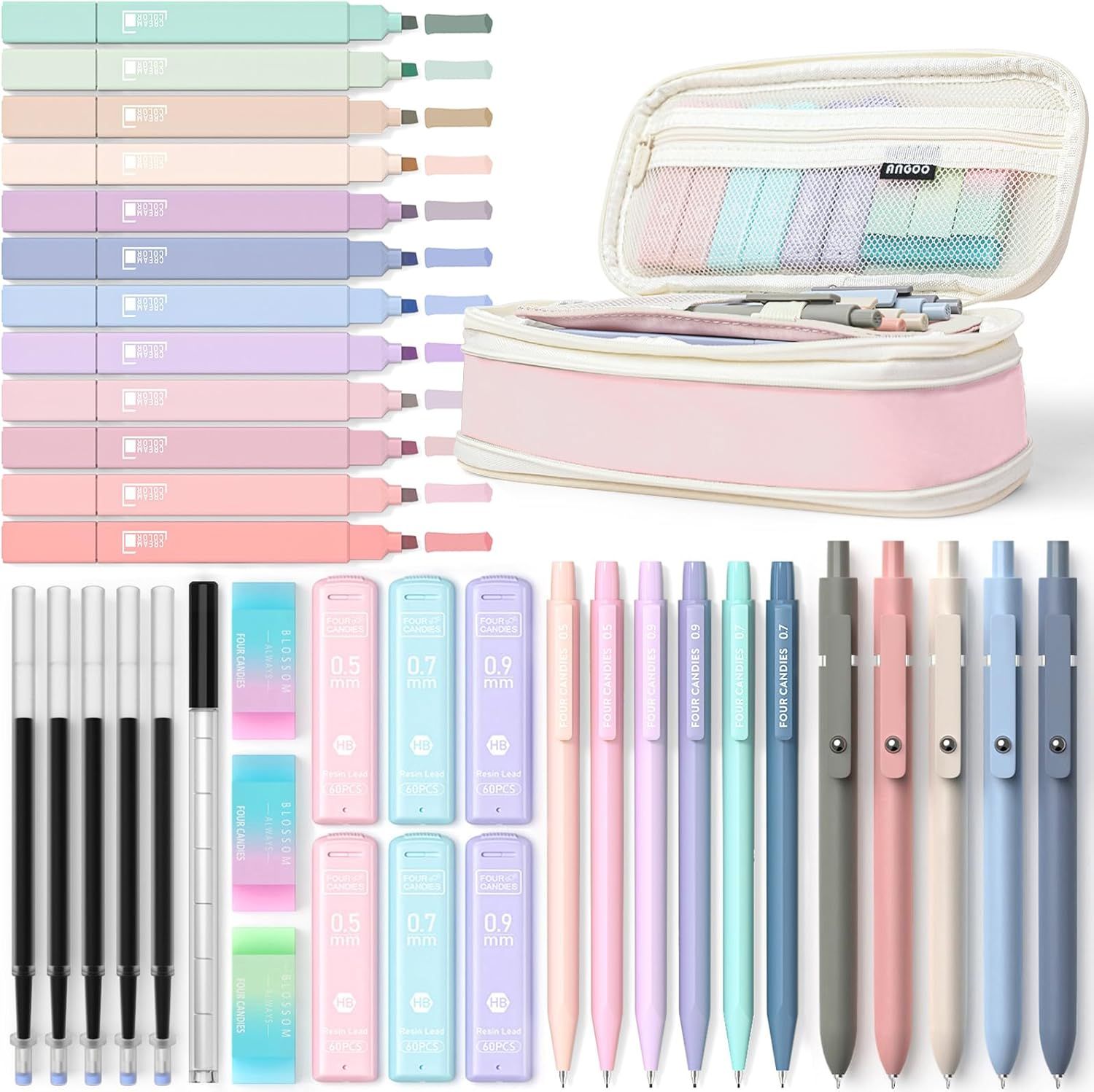 Displays the complete stationery set including highlighters, pens, pencil leads, and storage case to show shoppers everything included in the purchase. Shows all included accessories and components…