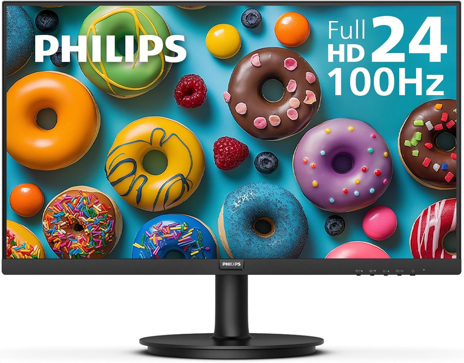 Displays the Philips monitor as the core product with key specifications prominently shown on screen to communicate its size, resolution, and performance capabilities to potential buyers.