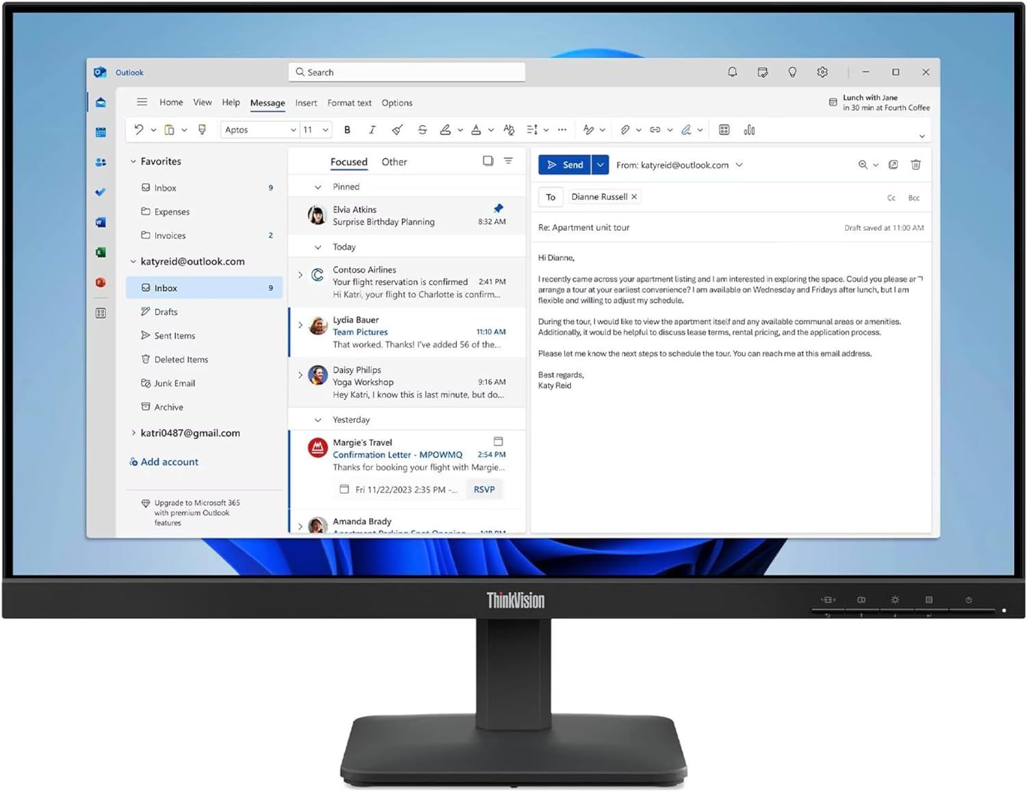 Demonstrates the product's email functionality by showing an active email composition window with inbox management, allowing shoppers to understand how the device handles professional communication…