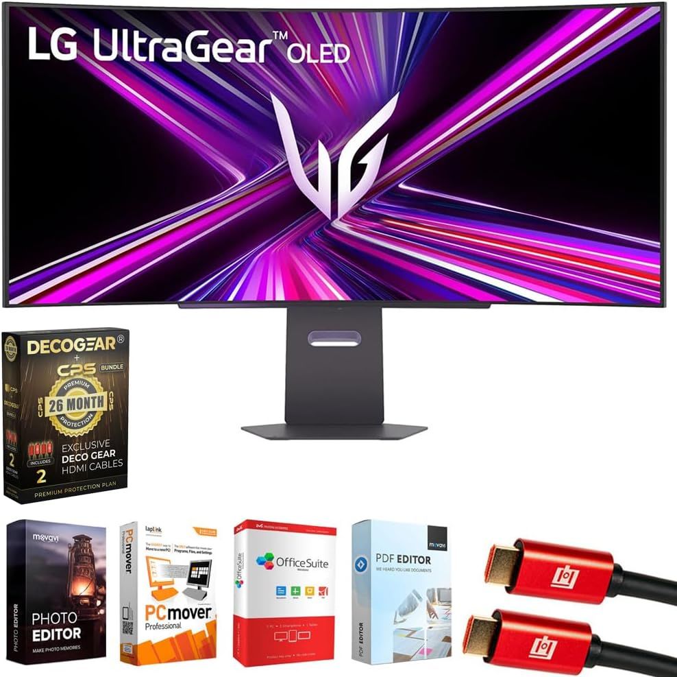 Shows the core sellable product, an LG UltraGear OLED curved gaming monitor with its stand, clearly displaying the screen and physical design to help shoppers understand what they are purchasing.…