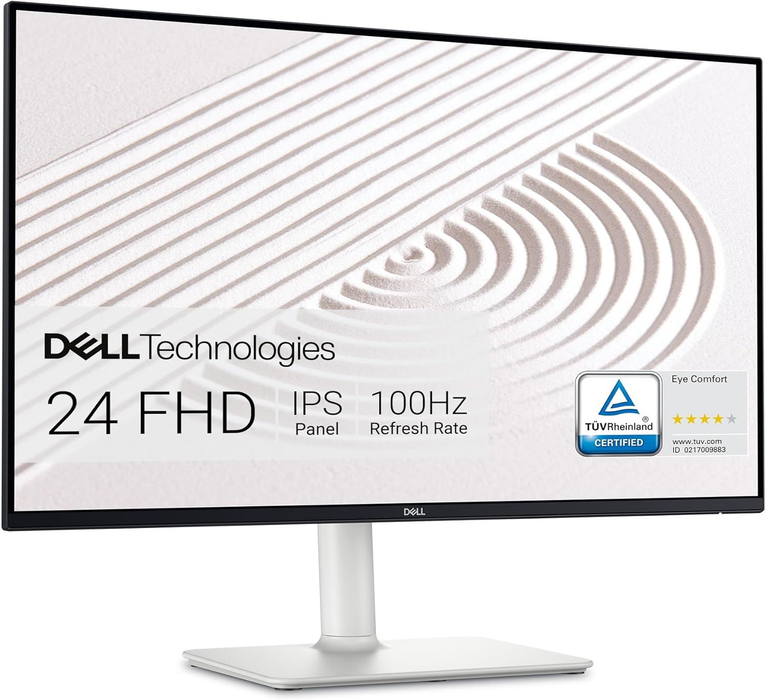 Displays the Dell monitor as the core product while highlighting key technical specifications and eye comfort features to help shoppers understand the monitor's capabilities and quality…